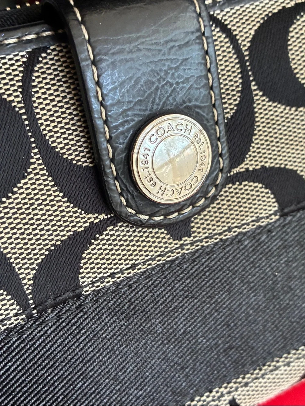 Coach Black and Cream Signature Snap Wallet